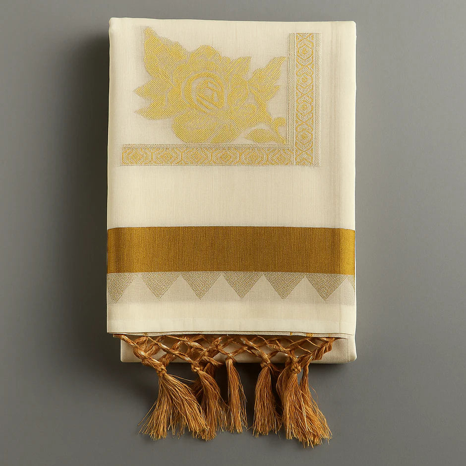 Kerala Kasavu onam Saree with Golden Floral Motif Border – Traditional Ethnic Elegance S105