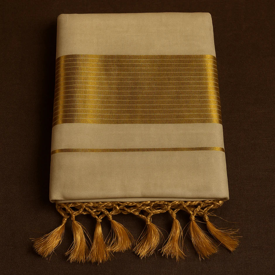 Kerala Kasavu Onam Saree with Golden Striped Border & Tassels – Traditional Handloom Cotton Silk Saree 6.25 Meters with Blouse Piece S128