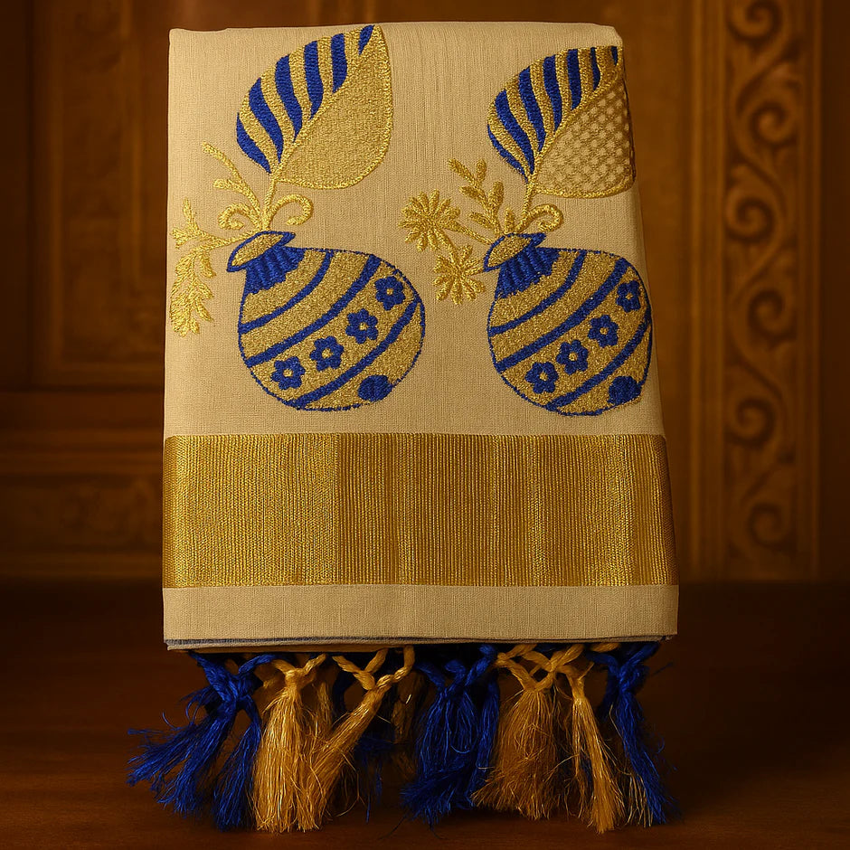Kerala Kasavu Onam Saree with Blue & Gold Embroidery, Golden Zari Border and Tassels – Handloom Cotton Silk Saree 6.25 Meters with Blouse Piece S130