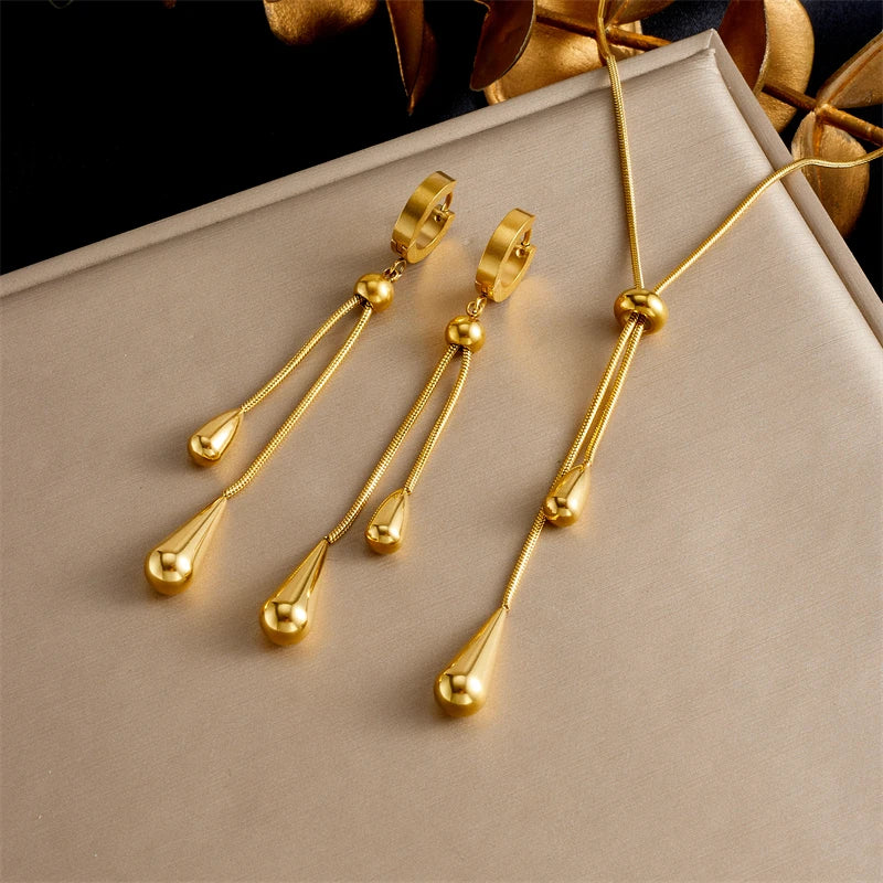 DIEYURO 316L Stainless Steel Adjustable Water Droplet Tassels Necklace Earrings Women New Golden Fashion Jewelry Set Party Gifts