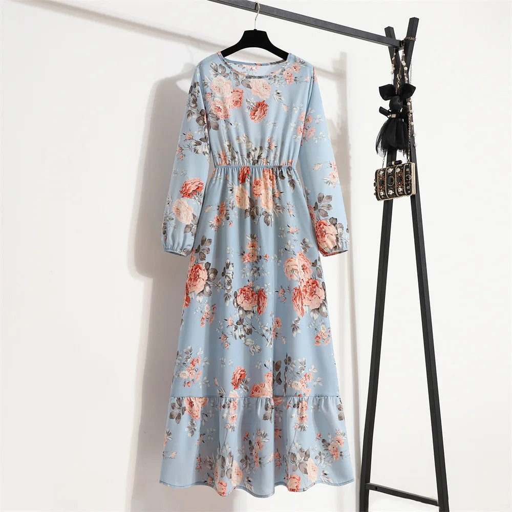 Women Floral Printed Maxi Dresses Spring Summer Casual O Neck Full Sleeve High Waist A Line Boho Beach Party Long Dress Vestidos