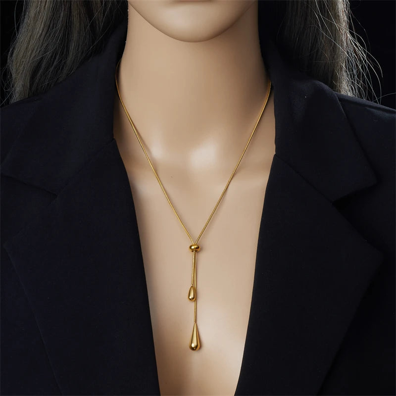DIEYURO 316L Stainless Steel Adjustable Water Droplet Tassels Necklace Earrings Women New Golden Fashion Jewelry Set Party Gifts