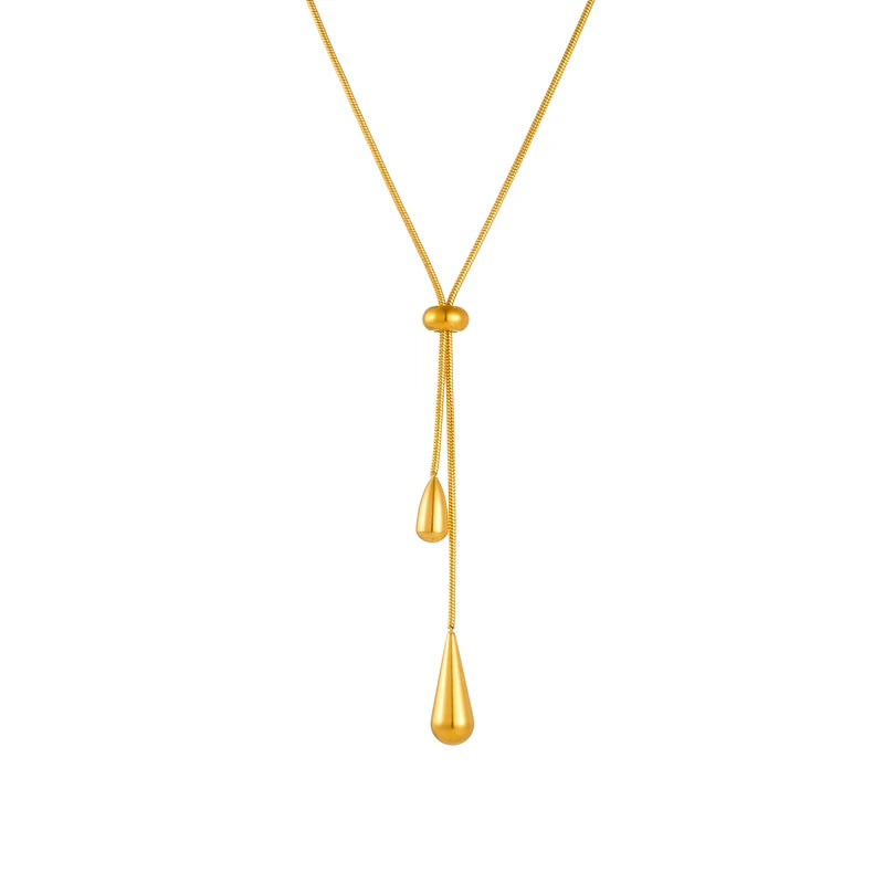 DIEYURO 316L Stainless Steel Adjustable Water Droplet Tassels Necklace Earrings Women New Golden Fashion Jewelry Set Party Gifts