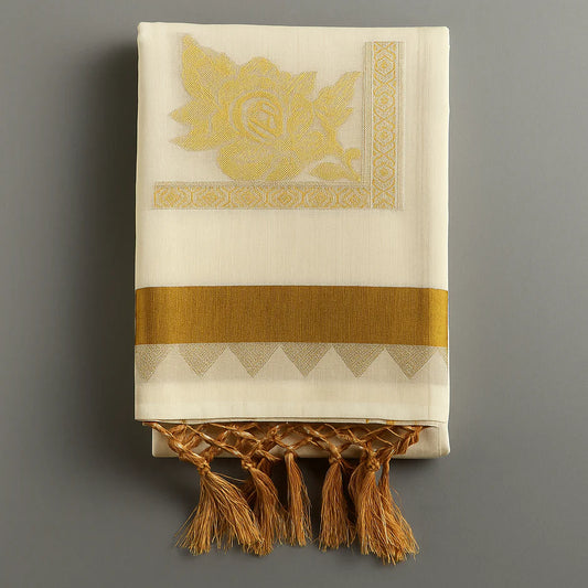 Kerala Kasavu onam Saree with Golden Floral Motif Border – Traditional Ethnic Elegance S105
