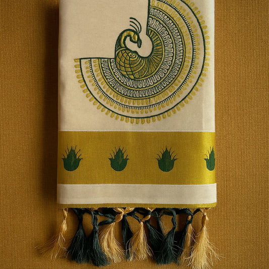 Traditional Kerala Kasavu Onam Saree with Golden Peacock Embroidery, Lotus Border & Tassels – 6.25 Meters S119