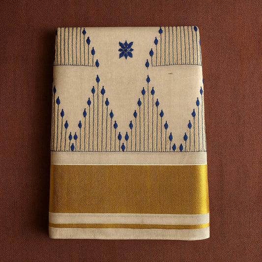 Kerala Kasavu Onam Saree with Blue Embroidery & Golden Zari Border – Traditional Handloom Saree 6.25 Meters S120