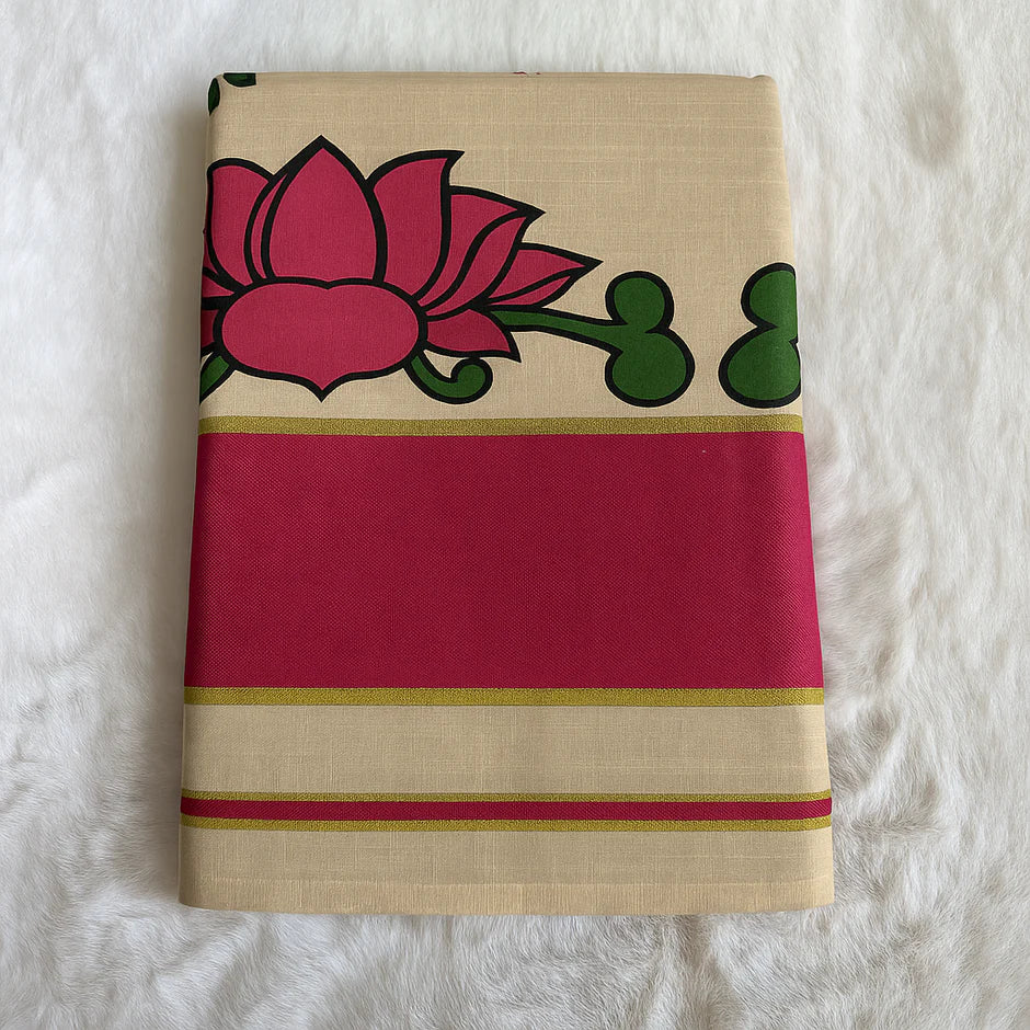 Kerala Kasavu Onam Saree with Pink Lotus Print & Contrast Border – Traditional Handloom Cotton Saree 6.25 Meters S121