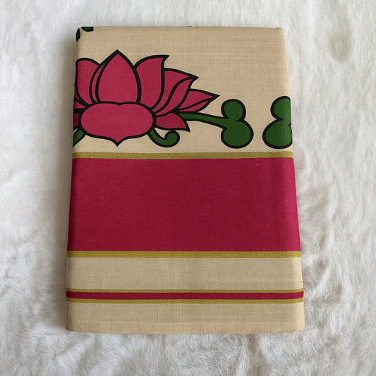 Kerala Kasavu Onam Saree with Pink Lotus Print & Contrast Border – Traditional Handloom Cotton Saree 6.25 Meters S121