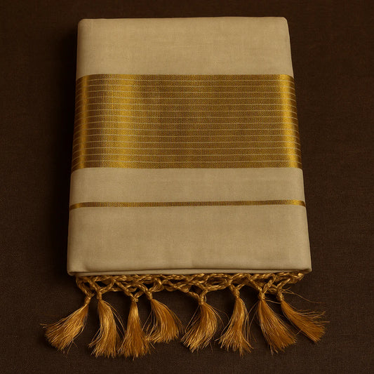 Kerala Kasavu Onam Saree with Golden Striped Border & Tassels – Traditional Handloom Cotton Silk Saree 6.25 Meters with Blouse Piece S128