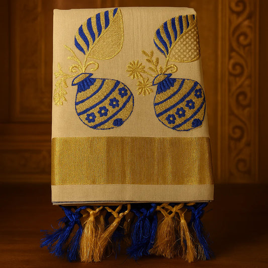 Kerala Kasavu Onam Saree with Blue & Gold Embroidery, Golden Zari Border and Tassels – Handloom Cotton Silk Saree 6.25 Meters with Blouse Piece S130