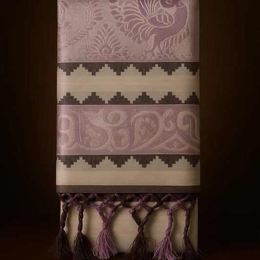 Kerala Kasavu Onam Saree with Lavender & Silver Woven Design, Patterned Border and Tassels – Handloom Cotton Silk Saree 6.25 Meters with Blouse Piece S136