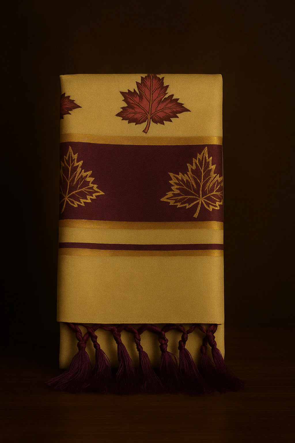 Kerala Kasavu Onam Saree with Maroon & Golden Leaf Motifs, Zari Border and Tassels – Handloom Cotton Silk Saree 6.25 Meters with Blouse Piece S138