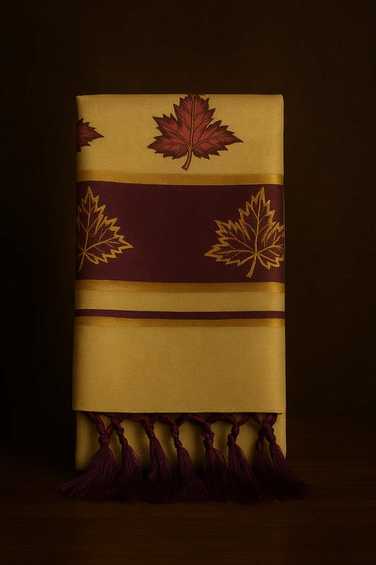 Kerala Kasavu Onam Saree with Maroon & Golden Leaf Motifs, Zari Border and Tassels – Handloom Cotton Silk Saree 6.25 Meters with Blouse Piece S138