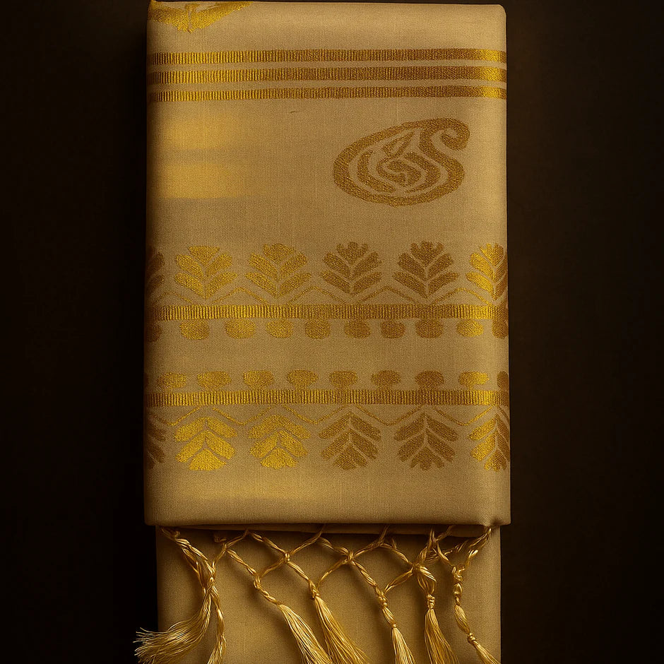 Kerala Kasavu Onam Saree with Golden Paisley & Leaf Motifs, Zari Border and Tassels – Handloom Cotton Silk Saree 6.25 Meters with Blouse Piece S139