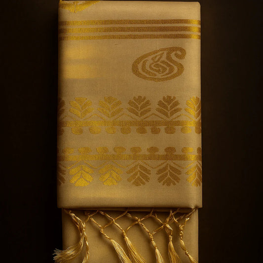 Kerala Kasavu Onam Saree with Golden Paisley & Leaf Motifs, Zari Border and Tassels – Handloom Cotton Silk Saree 6.25 Meters with Blouse Piece S139