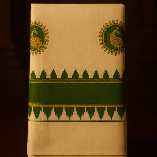Kerala Kasavu Onam Saree with Green & Golden Peacock Motifs, Zari Border – Traditional Handloom Cotton Silk Saree 6.25 Meters with Blouse Piece S140