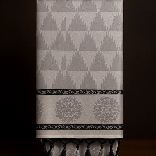 Kerala Kasavu Onam Saree with Silver-Grey Woven Floral Design, Black Border & Tassels – Handloom Cotton Silk Saree 6.25 Meters with Blouse Piece S141