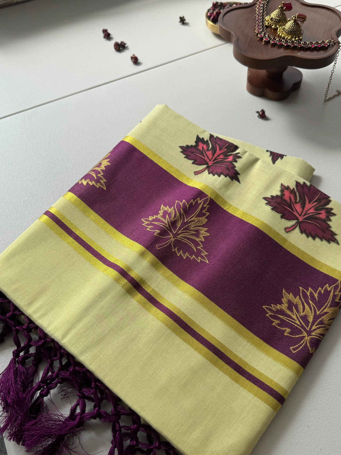 Kerala Kasavu Onam Saree with Maroon & Golden Leaf Motifs, Zari Border and Tassels – Handloom Cotton Silk Saree 6.25 Meters with Blouse Piece S138