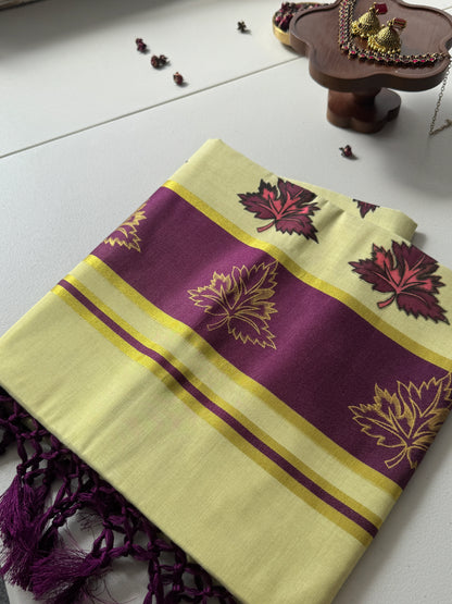 Kerala Kasavu Onam Saree with Maroon & Golden Leaf Motifs, Zari Border and Tassels – Handloom Cotton Silk Saree 6.25 Meters with Blouse Piece S138