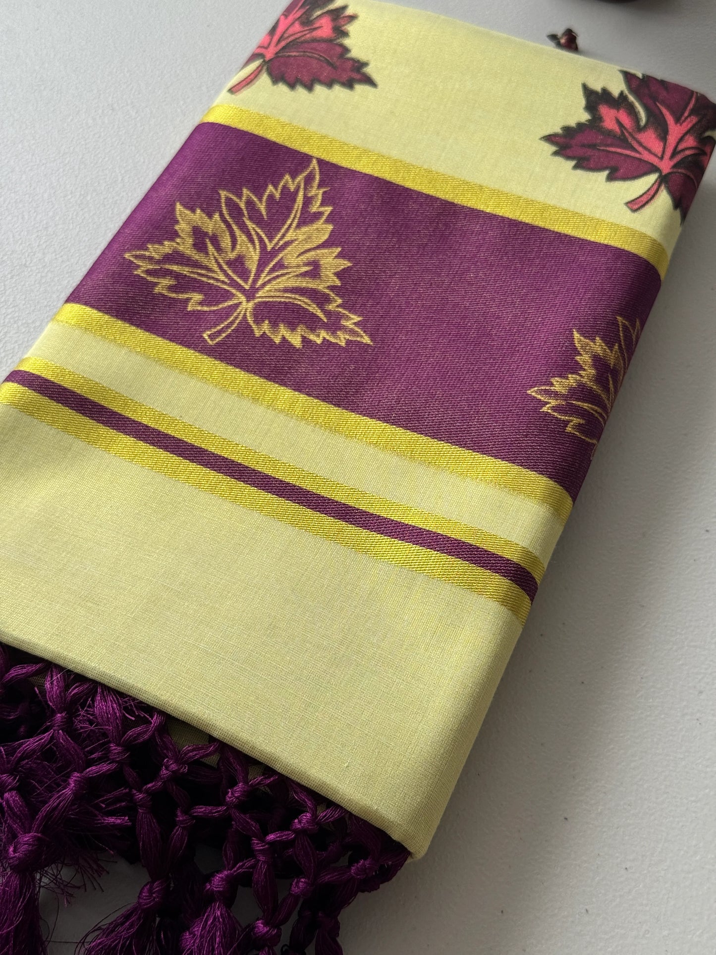 Kerala Kasavu Onam Saree with Maroon & Golden Leaf Motifs, Zari Border and Tassels – Handloom Cotton Silk Saree 6.25 Meters with Blouse Piece S138