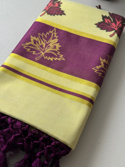 Kerala Kasavu Onam Saree with Maroon & Golden Leaf Motifs, Zari Border and Tassels – Handloom Cotton Silk Saree 6.25 Meters with Blouse Piece S138