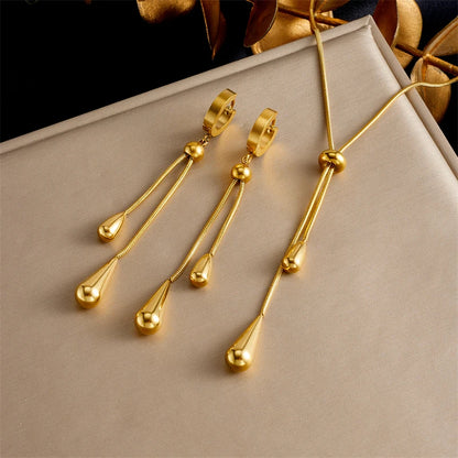 DIEYURO 316L Stainless Steel Adjustable Water Droplet Tassels Necklace Earrings Women New Golden Fashion Jewelry Set Party Gifts