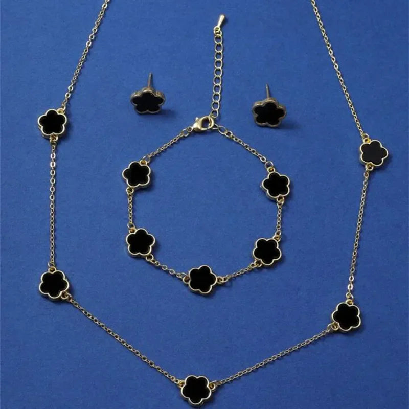 Lucky Five-petal Flower Five-leaf Clover Bracelet Earrings Necklace Three-piece set for woman Stylish Accessories Party Jewelry