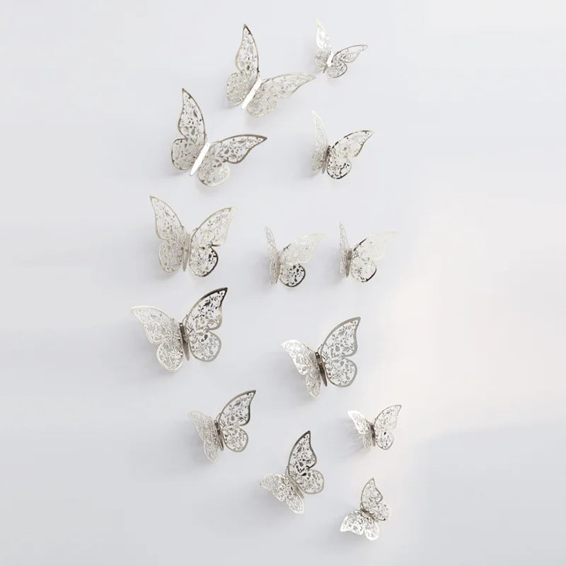 12Pcs 3D Hollow Butterfly Wall Stickers Gold Rose Gold Silver Butterflies Stickers for Wedding Birthday Home Room Decorations
