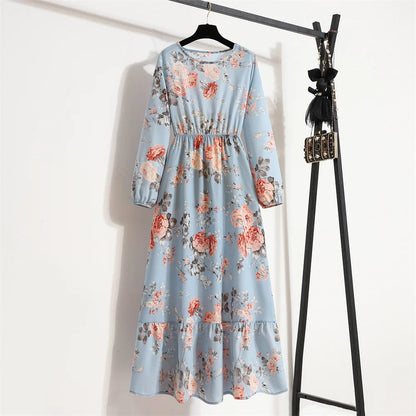 Women Floral Printed Maxi Dresses Spring Summer Casual O Neck Full Sleeve High Waist A Line Boho Beach Party Long Dress Vestidos