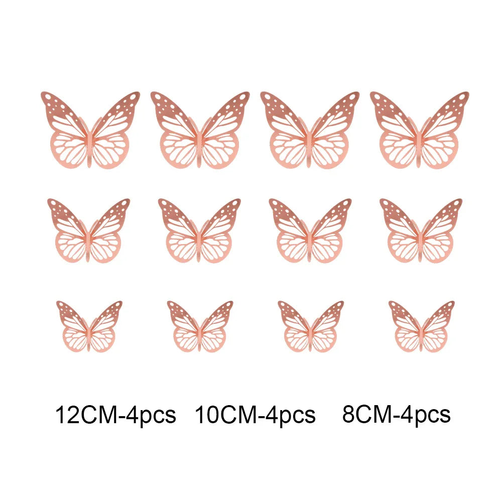 12Pcs 3D Hollow Butterfly Wall Stickers Gold Rose Gold Silver Butterflies Stickers for Wedding Birthday Home Room Decorations
