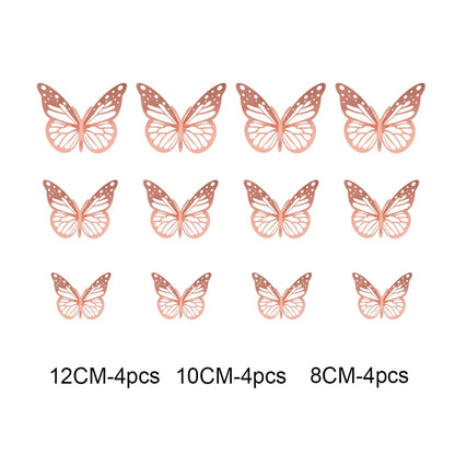 12Pcs 3D Hollow Butterfly Wall Stickers Gold Rose Gold Silver Butterflies Stickers for Wedding Birthday Home Room Decorations