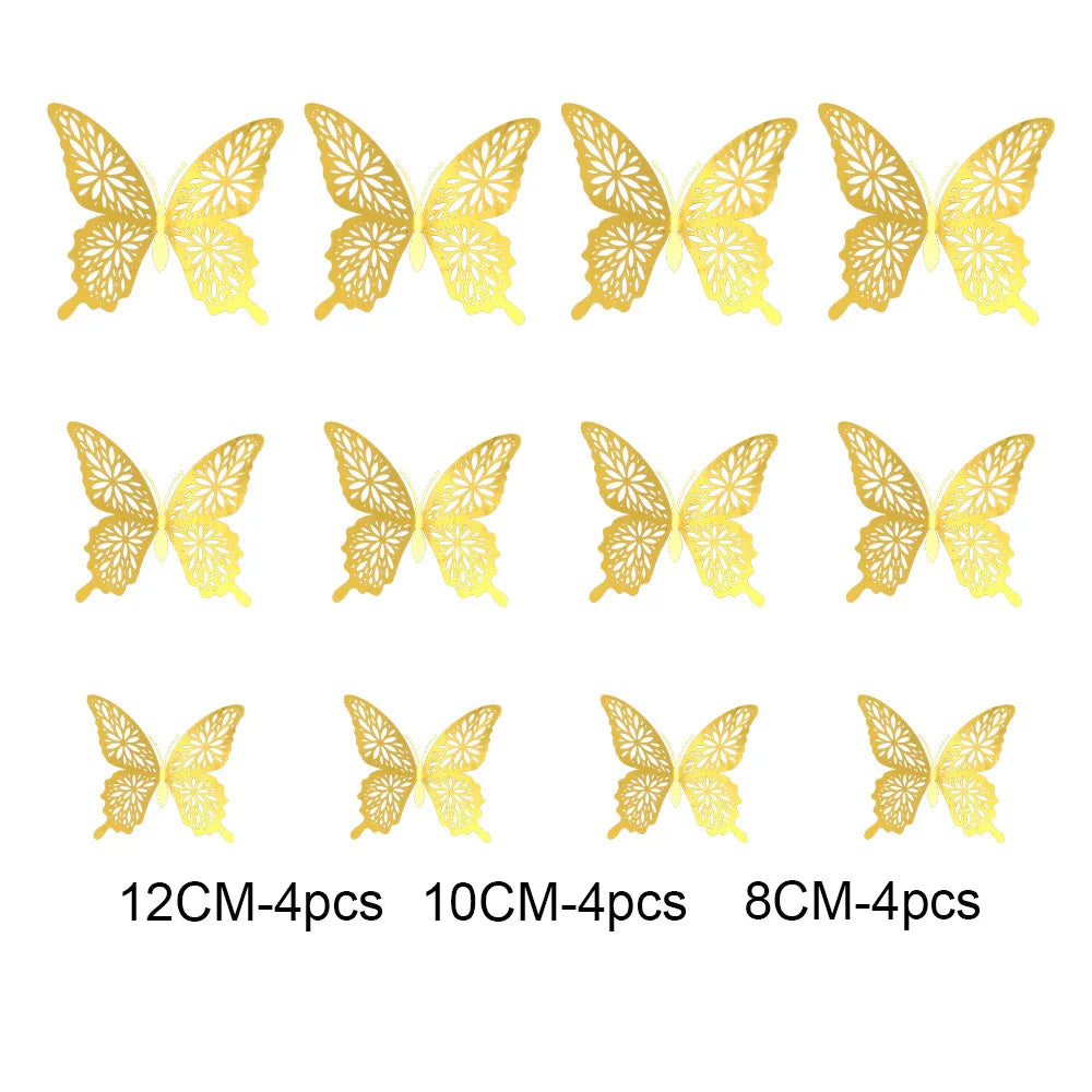 12Pcs 3D Hollow Butterfly Wall Stickers Gold Rose Gold Silver Butterflies Stickers for Wedding Birthday Home Room Decorations