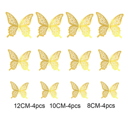 12Pcs 3D Hollow Butterfly Wall Stickers Gold Rose Gold Silver Butterflies Stickers for Wedding Birthday Home Room Decorations