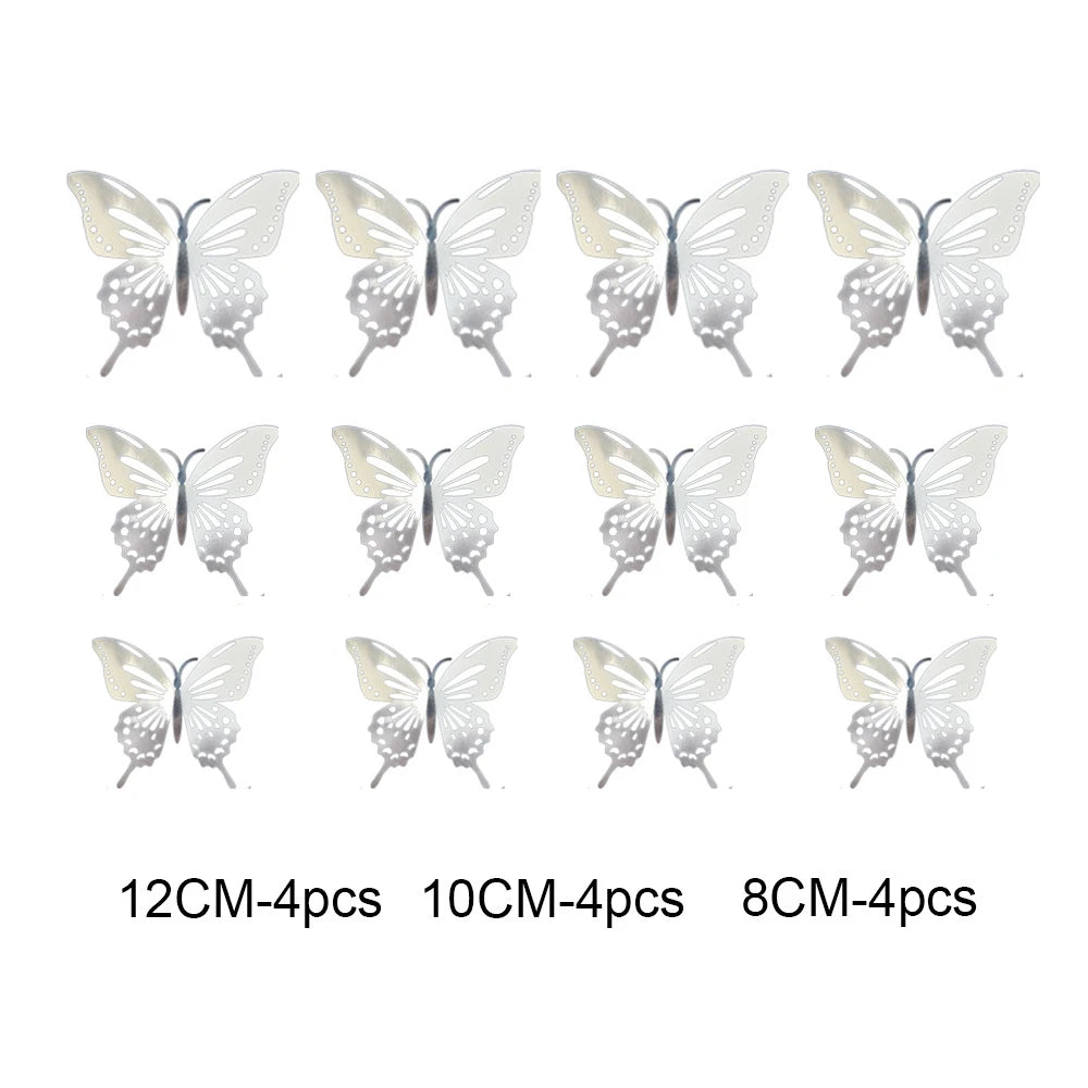 12Pcs 3D Hollow Butterfly Wall Stickers Gold Rose Gold Silver Butterflies Stickers for Wedding Birthday Home Room Decorations