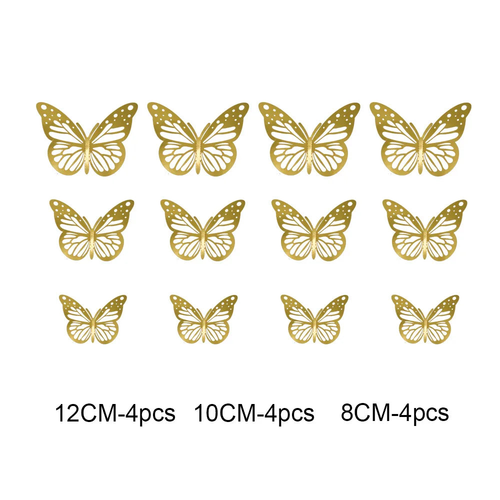 12Pcs 3D Hollow Butterfly Wall Stickers Gold Rose Gold Silver Butterflies Stickers for Wedding Birthday Home Room Decorations
