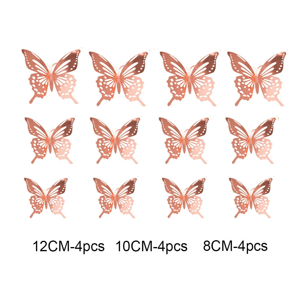 12Pcs 3D Hollow Butterfly Wall Stickers Gold Rose Gold Silver Butterflies Stickers for Wedding Birthday Home Room Decorations
