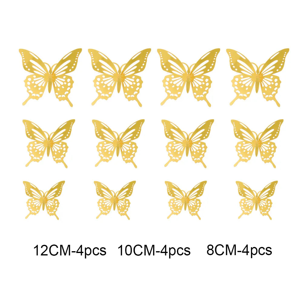 12Pcs 3D Hollow Butterfly Wall Stickers Gold Rose Gold Silver Butterflies Stickers for Wedding Birthday Home Room Decorations