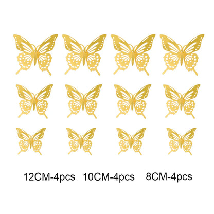 12Pcs 3D Hollow Butterfly Wall Stickers Gold Rose Gold Silver Butterflies Stickers for Wedding Birthday Home Room Decorations