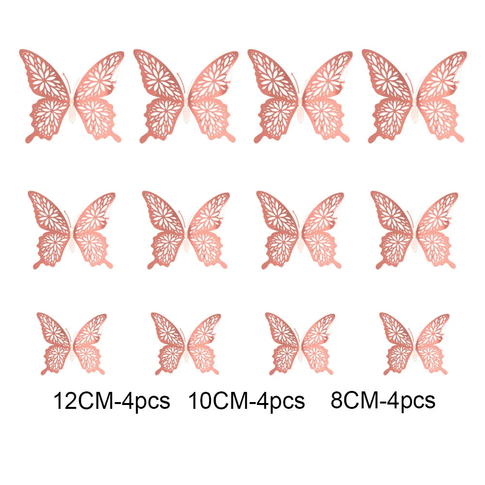 12Pcs 3D Hollow Butterfly Wall Stickers Gold Rose Gold Silver Butterflies Stickers for Wedding Birthday Home Room Decorations